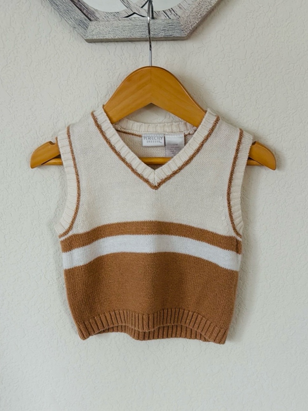 Perfectly Dressed • Baby Boys 12M Tan Cream Preppy V-Neck Sweater Vest
